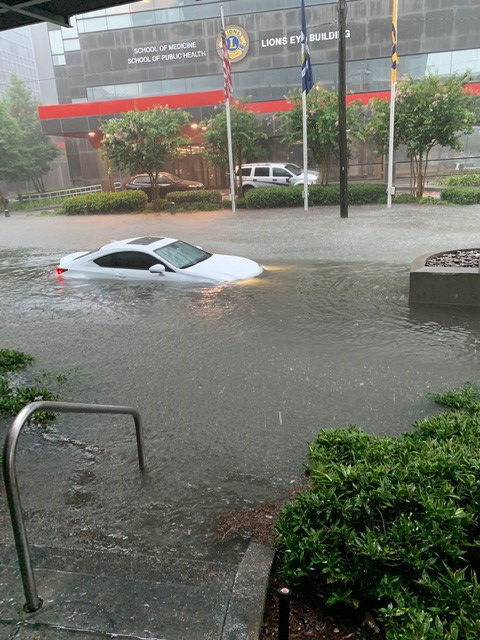 Flooded street on LSU Health New Orleans downtown campus